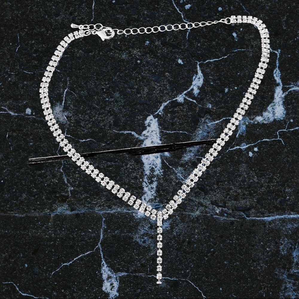 8” Choker with 16” string of rhinestones hanging